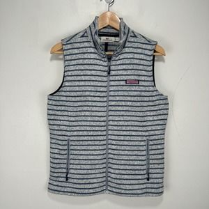 Vineyard Vines Westerly Fleece Vest Women Small Gray Blue Striped Zip Pockets